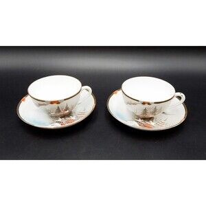 Japanese Kutani Teacup And Saucer Set Pagoda Winter Volcano S/2 Hand-Painted